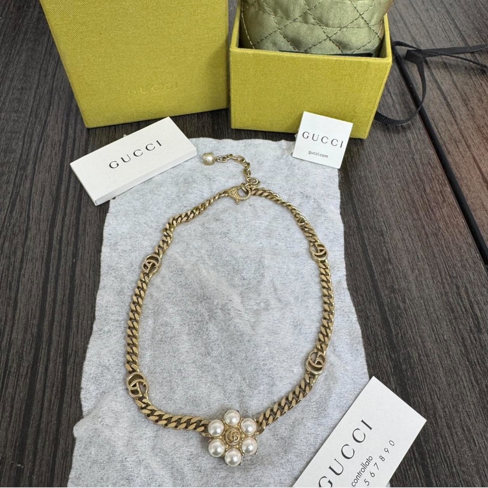 Gucci Gold Chain Necklace with Pearl Accents